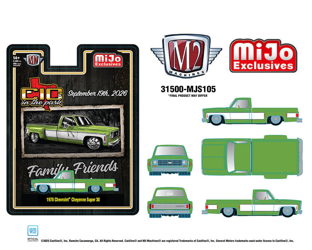 (Preorder) M2 Machines 1:64 2026 “C10s In The Park” 1978 Chevrolet Cheyenne Super 30 – Two-Tone Green White – Mijo Exclusives