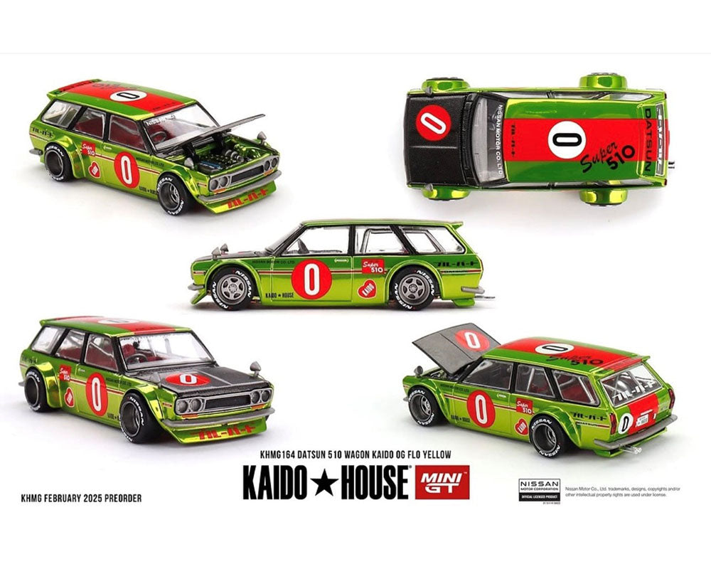 (Preorder) Kaido House x Mini GT 1:64 Datsun KAIDO 510 Wagon OG Flo – Chrome Yellow