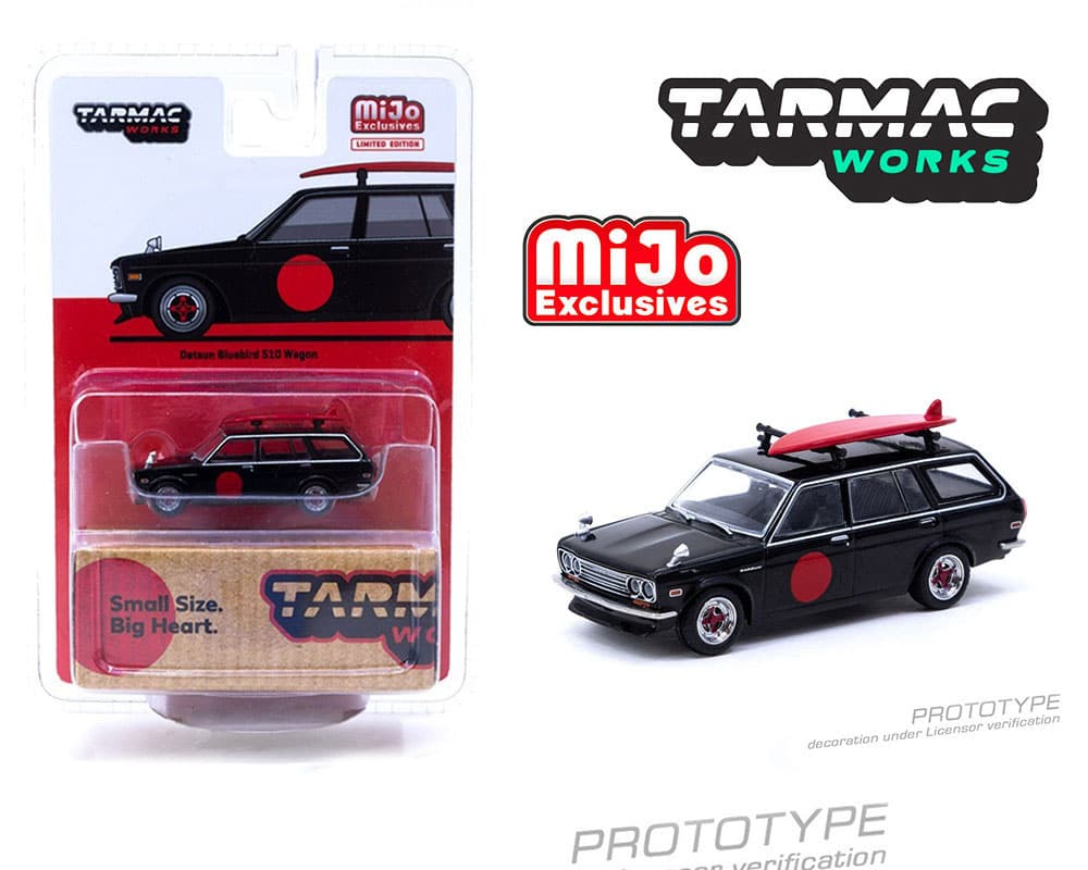 Tarmac Works 1:64 Mijo Exclusive Datsun Bluebird 510 Wagon Black With Surfboard Special Limited Edition.
