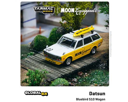 Tarmac Works 1:64 Global 64 Datsun Bluebird 510 Wagon Mooneyes Moon Equipped with Surfboard