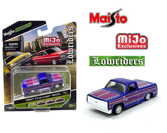 Maisto 1:64 1987 Chevrolet 1500 Lowriders – Metallic Blue – Design Lowriders – MiJo Exclusives Limited Edition 3,600 Pieces