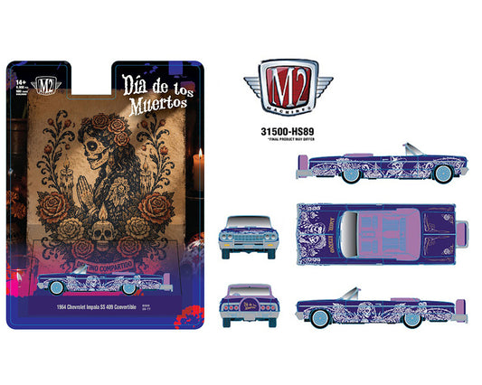 (Preorder) M2 Machines 1:64 1964 Chevrolet Impala SS 409 Convertible “Dia De Los Muertos” – Purple – Hobby Exclusive