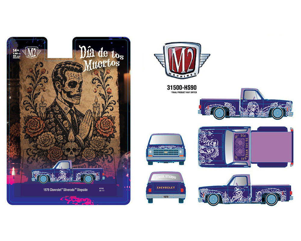 (Preorder) M2 Machines 1:64 1979 Chevrolet Silverado Stepside “Dia De Los Muertos” – Purple – Hobby Exclusive