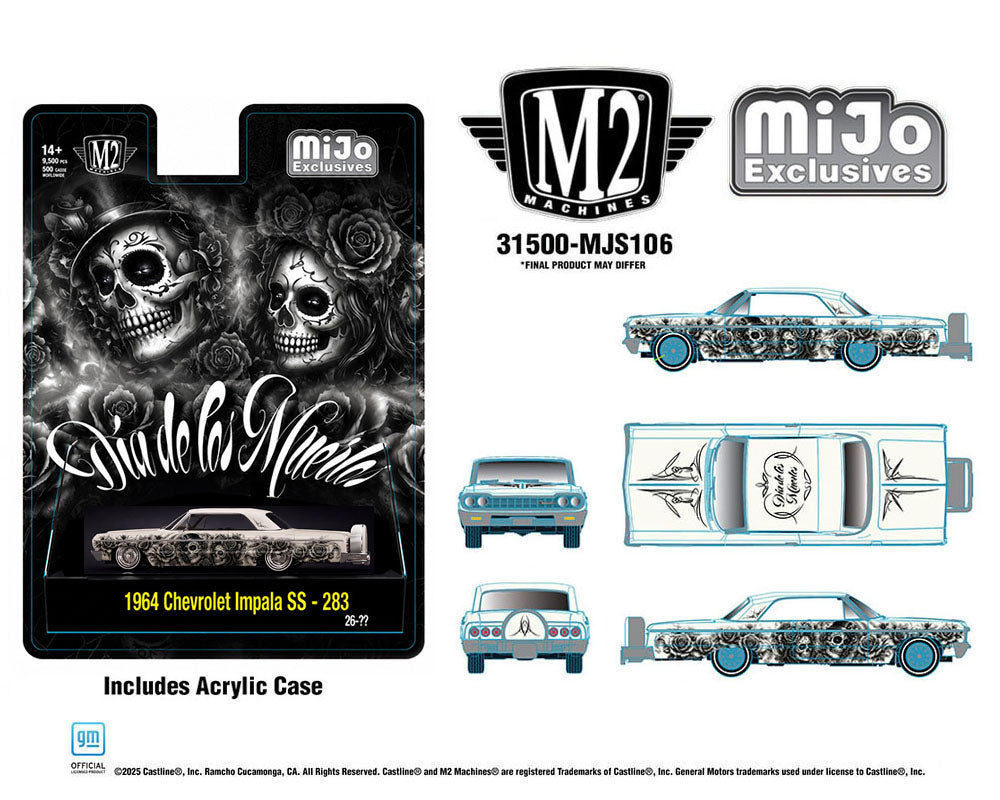 (Preorder) M2 Machines 1:64 2026 “Dias De Los Muertos” 1964 Chevrolet Impala SS Hard Top Lowriders – Pearl White – Mijo Exclusives