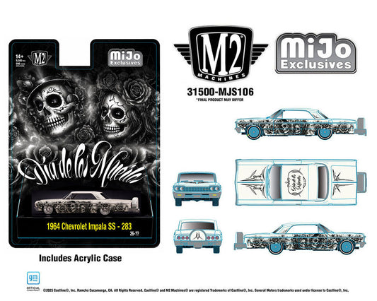 (Preorder) M2 Machines 1:64 2026 “Dias De Los Muertos” 1964 Chevrolet Impala SS Hard Top Lowriders – Pearl White – Mijo Exclusives