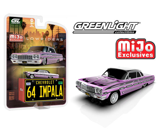 (Preorder) Greenlight 1:64 Lowriders 1964 Chevrolet Impala SS w/ Mini Metal License Plate – Pink – Mijo Exclusives