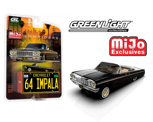 (Preorder) Greenlight 1:64 Lowriders 1964 Chevrolet Impala SS Convertible w/ Mini Metal License Plate – Black – Mijo Exclusives