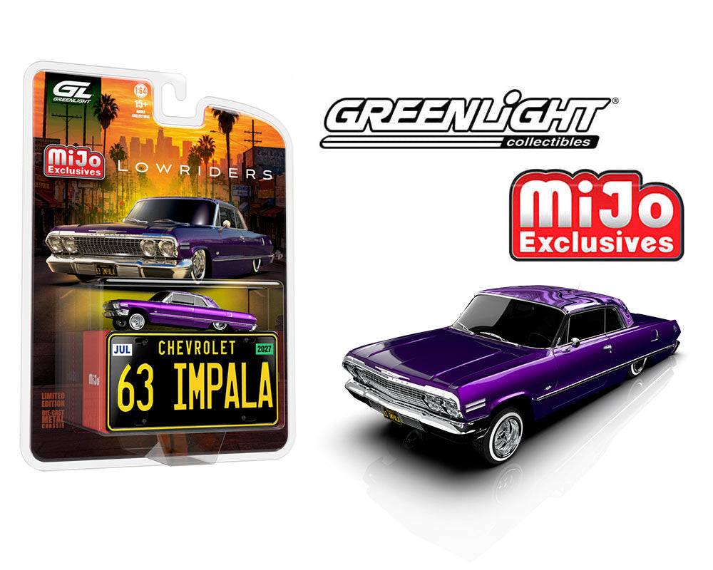 (Preorder) Greenlight 1:64 Lowriders 1963 Chevrolet Impala SS w/ Mini Metal License Plate – Candy Purple – Mijo Exclusives