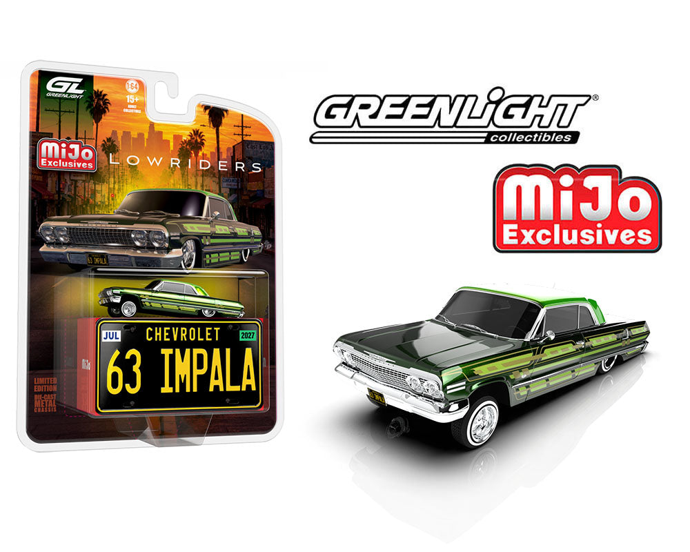 (Preorder) Greenlight 1:64 Lowriders 1963 Chevrolet Impala SS w/ Mini Metal License Plate – Dark Green – Mijo Exclusives