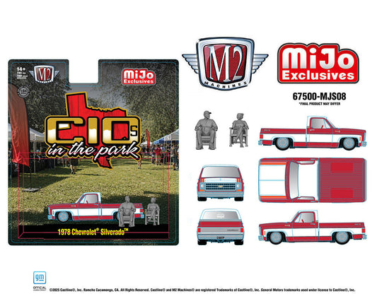 (Preorder) M2 Machines 1:64 Diorama Series 2026 “C10s In The Park” 1978 Chevrolet Silverado w 2 Figures – Two-Tone Red White – Mijo Exclusives