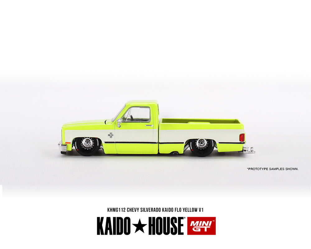 Kaido House x Mini GT 1:64 Chevrolet Silverado KAIDO Flo V1 – Yellow Chrome