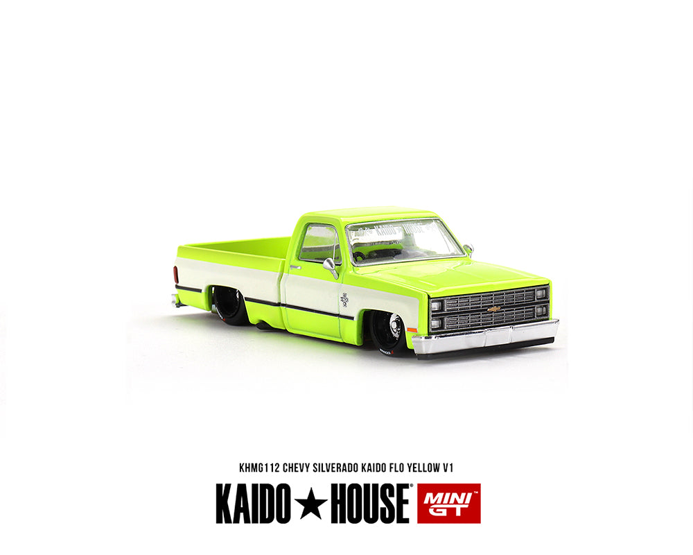 Kaido House x Mini GT 1:64 Chevrolet Silverado KAIDO Flo V1 – Yellow Chrome