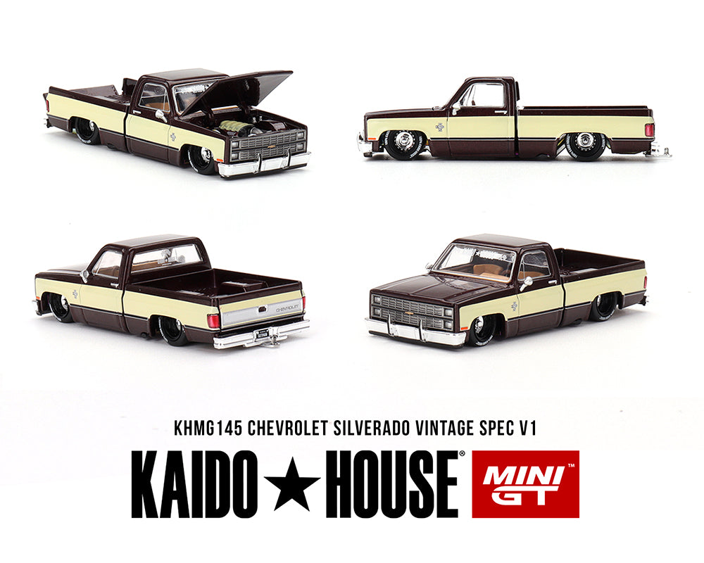 (Preorder) Kaido House x Mini GT 1:64 Chevrolet Silverado KAIDO Vintage Spec V1 – Two-Tone Brown Cream