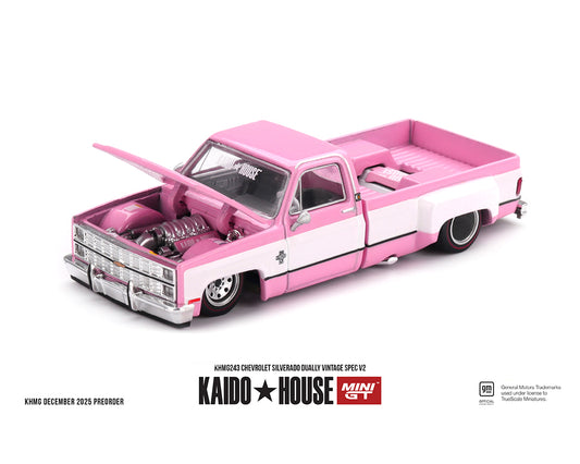 (Preorder) Kaido House x Mini GT Chevrolet Silverado Dually Vintage Spec V2 – Pink with White