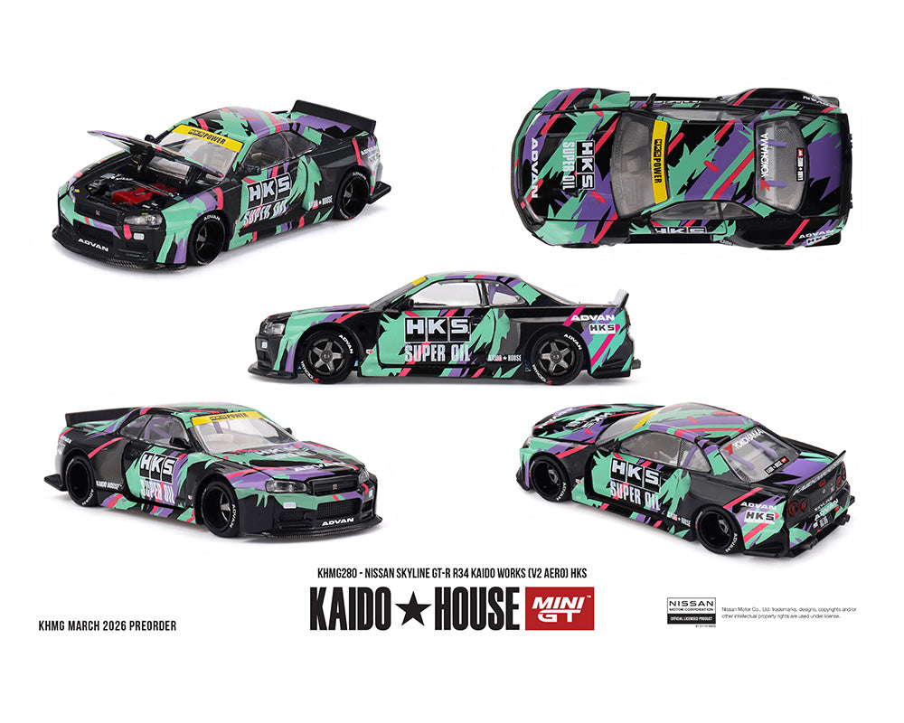 (Preorder) Kaido House x Mini GT 1:64 Nissan Skyline GT-R R34 Kaido Works (V2 Aero) HKS – Limited Edition