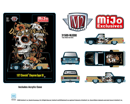 (Preorder) M2 Machines 1:64 1977 Chevrolet Cheyenne Super 30 “Dia De Los Muertos” 2025 – Black Gold – MiJo Exclusives Limited Edition