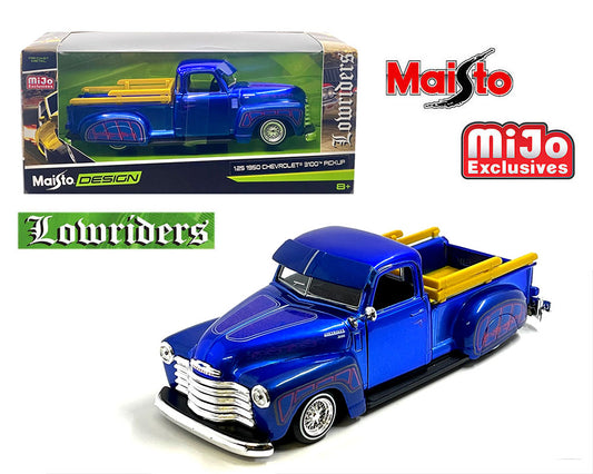 Maisto 1:24 1950 Chevrolet 3100 Pickup Truck Lowrider – Candy Blue- Design Lowriders- Mijo Exclusives
