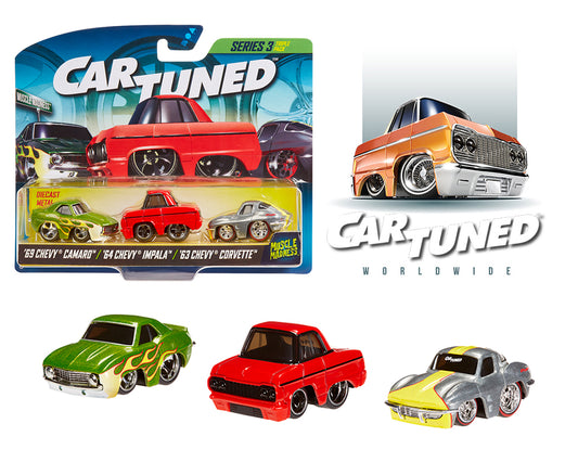 CarTuned 1:64 Lowriders Series 3 Muscle Madness 3 Pack 2025 – 1969 Chevrolet Camaro, 1964 Chevrolet Impala, 1963 Chevrolet Corvette