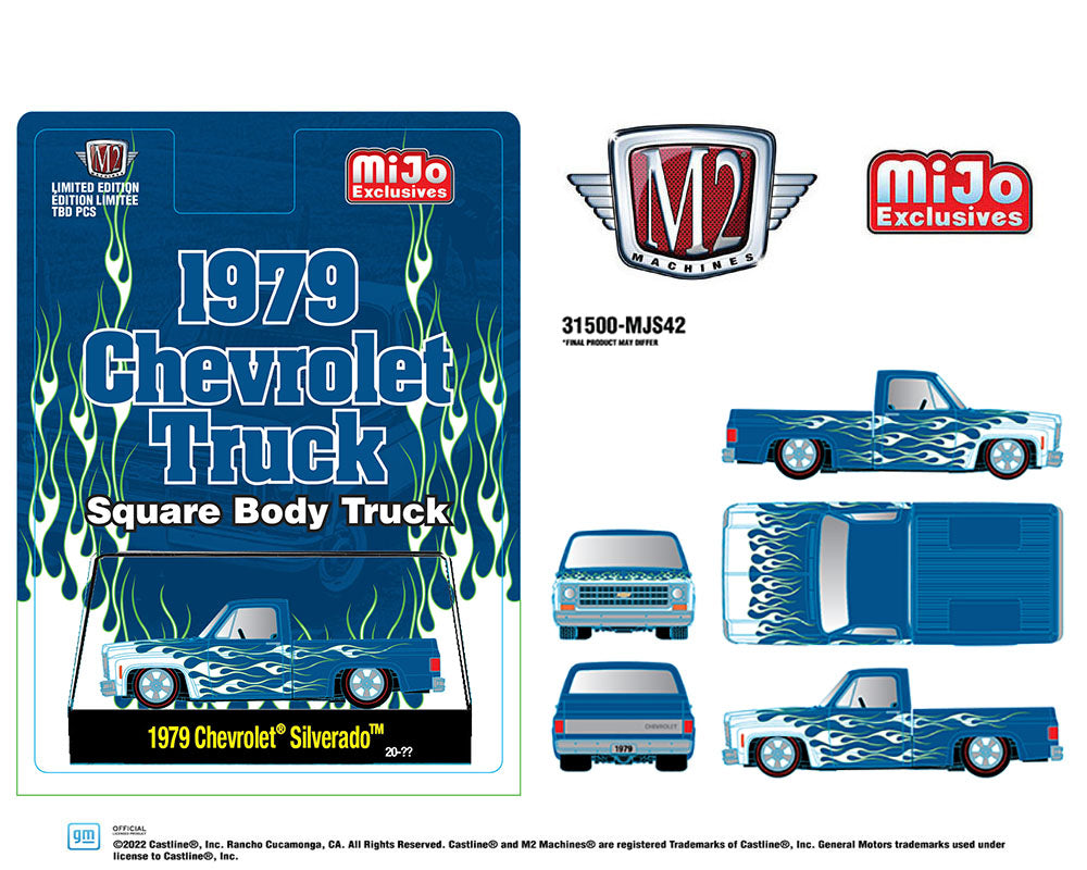 M2 Machines 1:64 1979 Chevrolet Silverado Pickup Truck Square Body Truck Blue With Flames