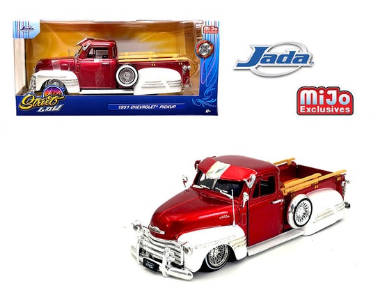 Jada 1:24 1951 Chevrolet Pickup Lowrider (Two-Tone Candy Red with White) – Street Low – MiJo Exclusives Limited Edition