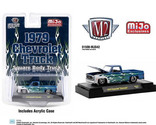 M2 Machines 1:64 1979 Chevrolet Silverado Pickup Truck Square Body Truck Blue With Flames